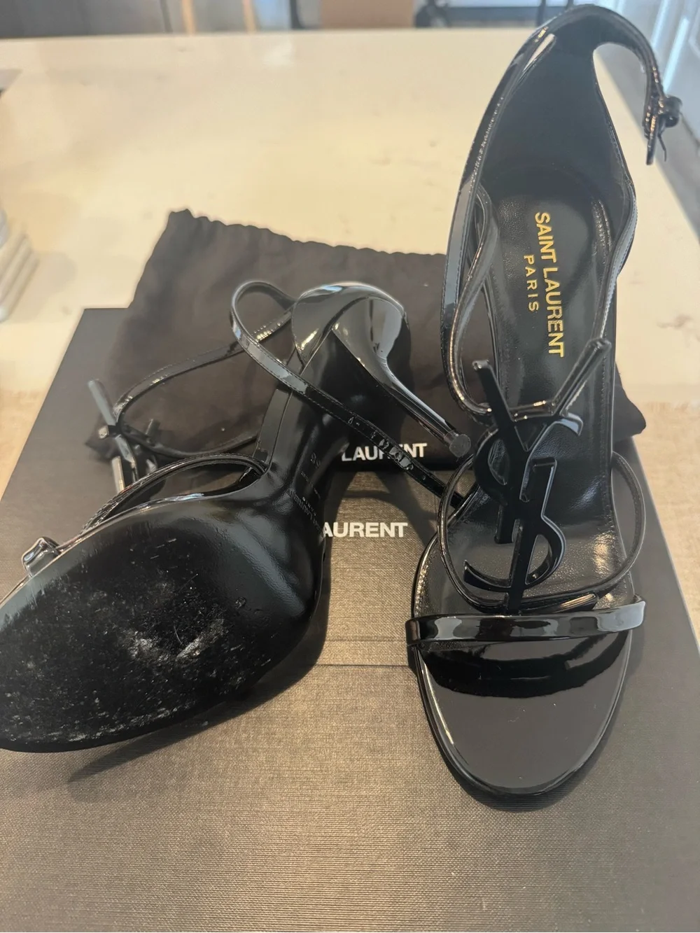 Saint Laurent Black Patent YSL Logo Slingback Heels - Picture 6 of 7